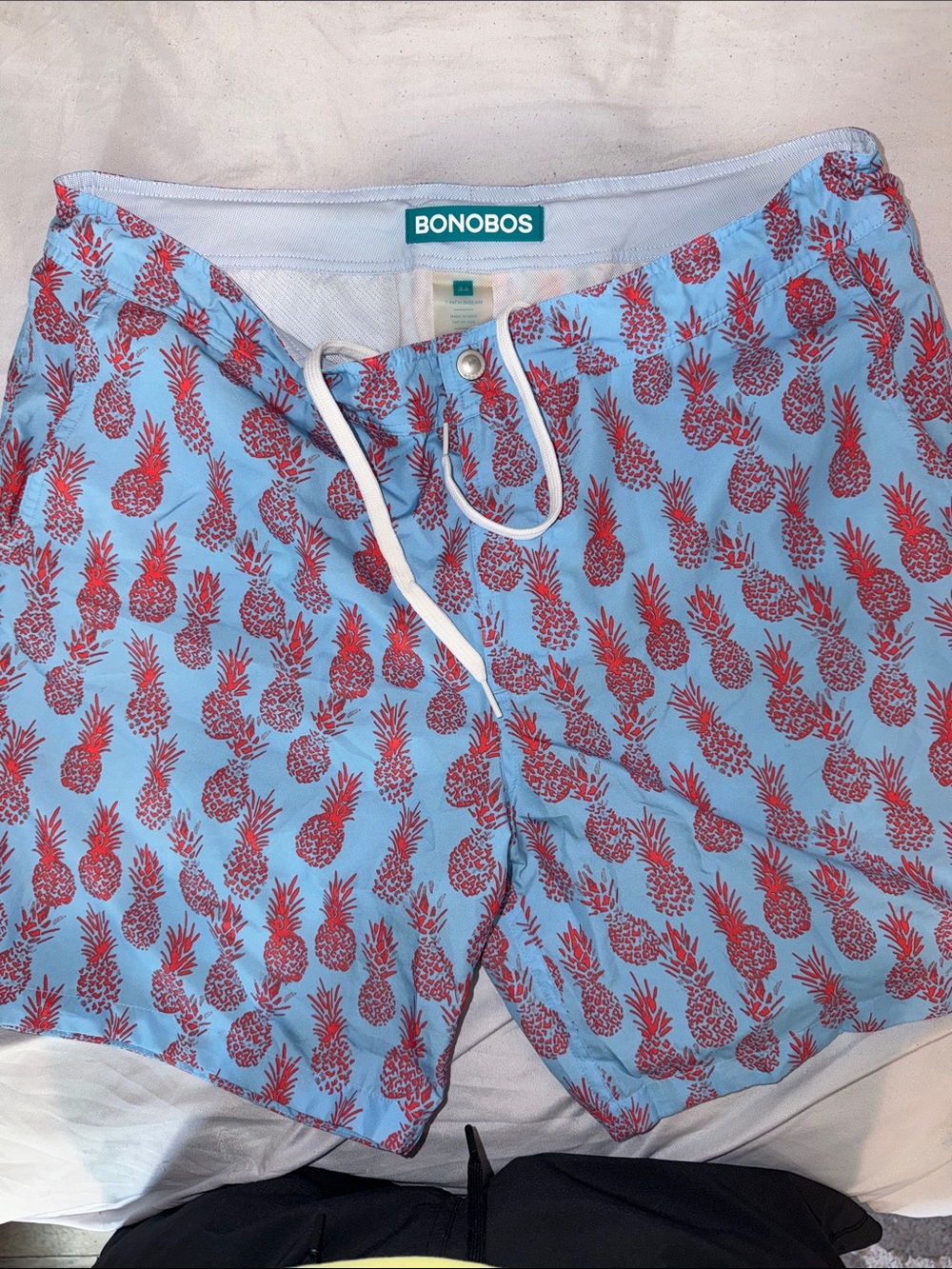 Bonobos Light Blue Swim Shorts with Red Pineapple Print